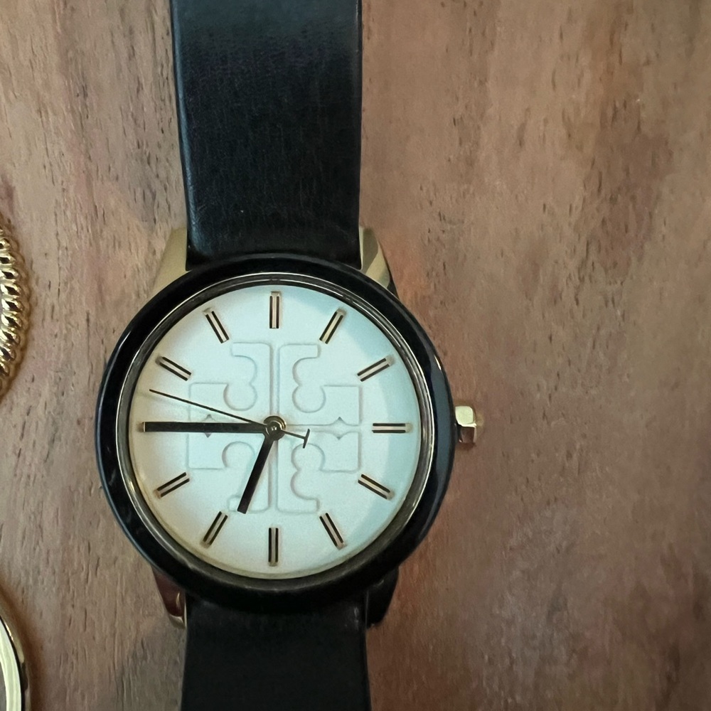 Tory Burch Black and Gold Watch with White Dial